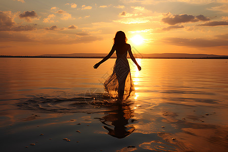落日海边的女士背景图片