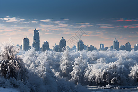 高楼树木上都是雪背景图片