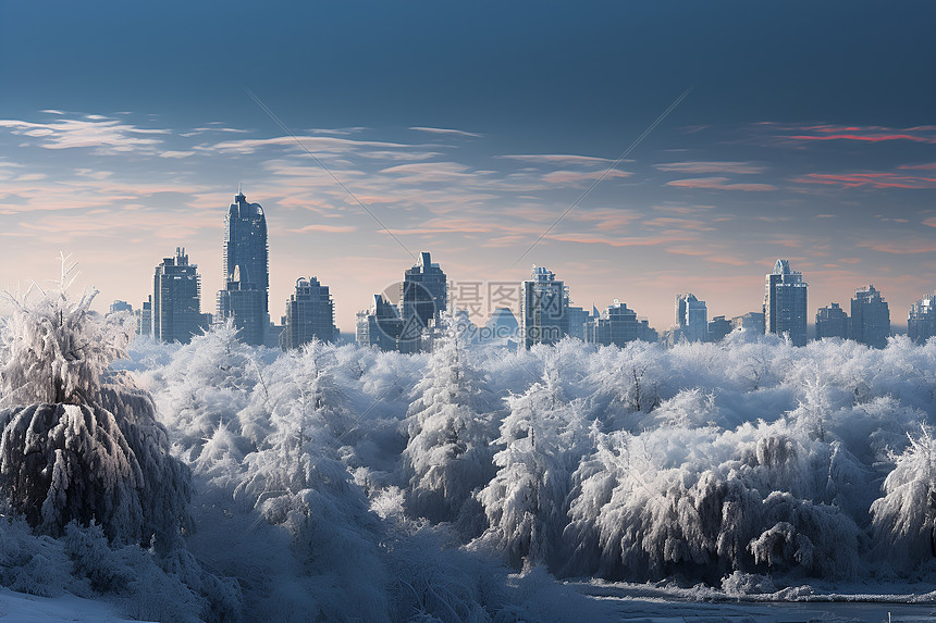 高楼树木上都是雪图片