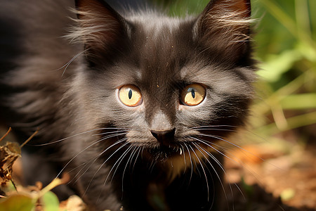 黑色小猫在草地上图片