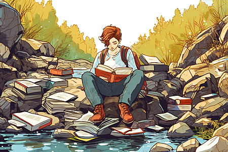 溪流边读书的学生图片
