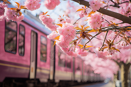 粉色火车穿过树木前图片