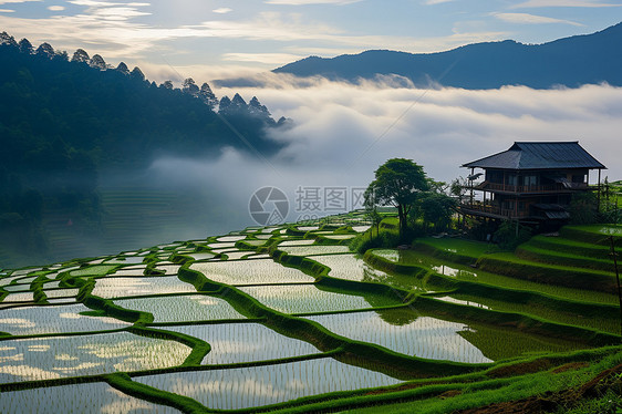 夕阳余晖下的美丽田园风光图片