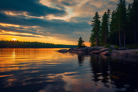 湖畔夕阳印树影图片
