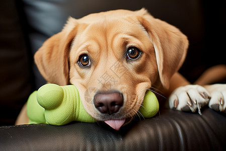 可爱的小狗在沙发上咬着玩具图片