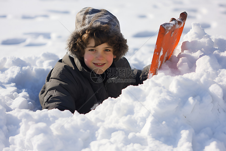 雪地中快乐的小男孩图片