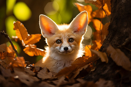 森林树叶中的狐狸幼崽图片