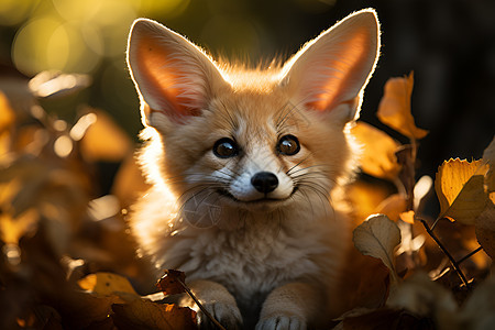 土地树叶中的狐狸幼崽背景图片