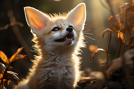 森林动物树叶石头上的狐狸背景