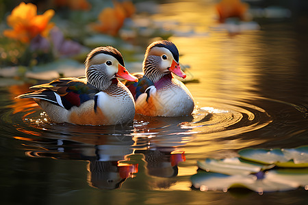 池塘里游泳的鸭子背景图片