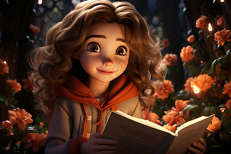 花朵中看书的女孩图片