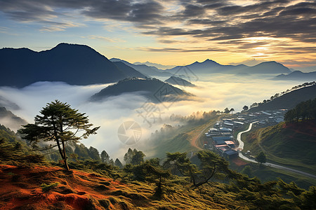 高山云雾云雾山脉中的建筑乡村背景