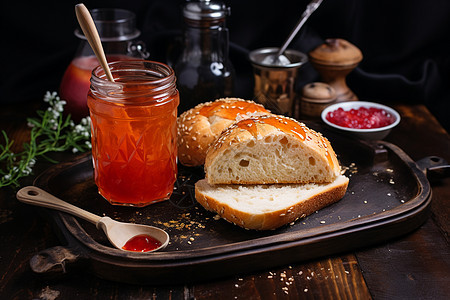 菜板上的面包和果酱图片