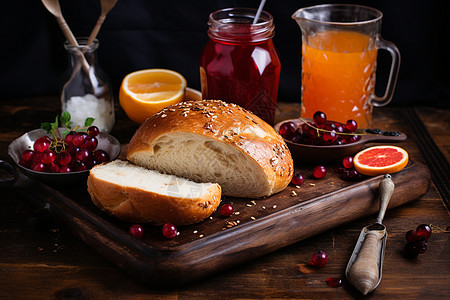 木板上美味的面包和果汁图片