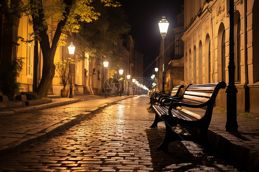 夜晚街道中的长椅图片