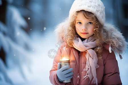 户外雪地中的卷发小女孩背景图片