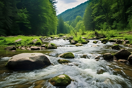 河流穿过森林背景图片