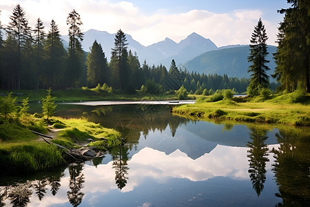 山林里的湖泊草地图片