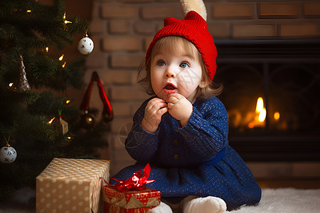 圣诞节礼物带红色帽子的小女孩背景