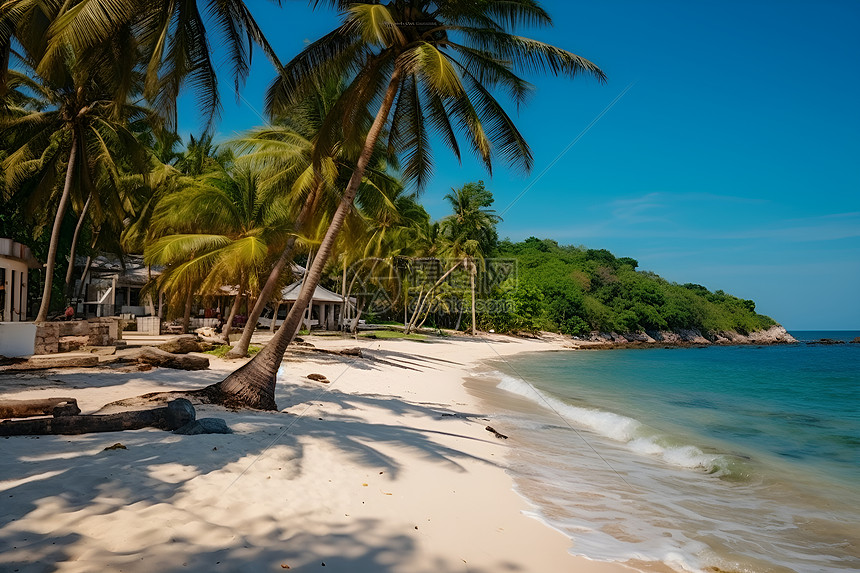 海边椰树下的度假屋图片