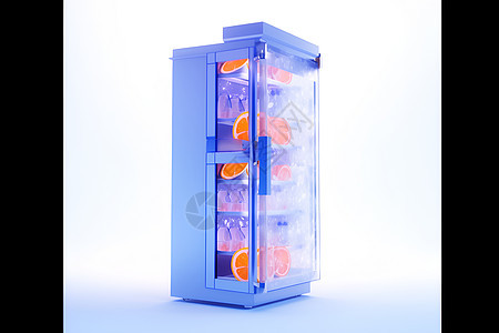 橙蓝渐变背景下一款透明冰箱图片