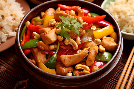 青椒炒豆干美味的中式菜肴炒鸡丁背景