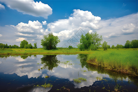 天空下的田园湖景图片