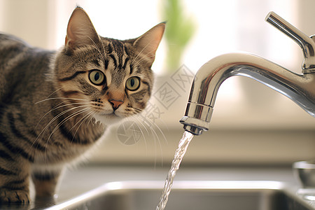 水龙头喝水一只猫咪在水槽旁边背景