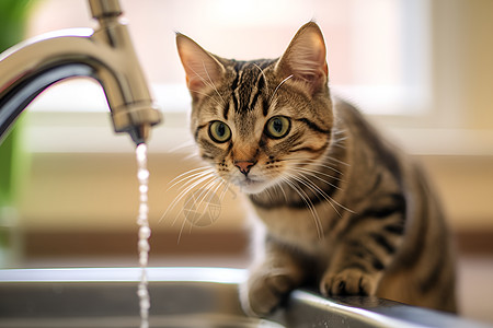 水龙头喝水可爱小猫在水槽旁背景