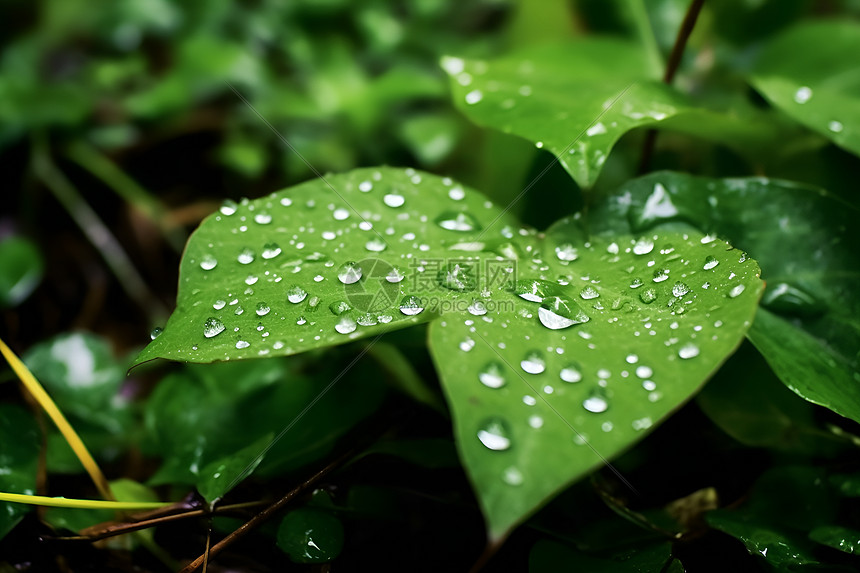 水珠洒在绿叶上图片