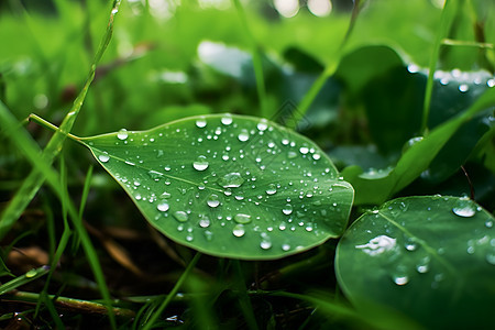 清晨春雨中的水滴点缀绿叶图片