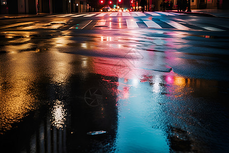 湿滑的路面夜晚大街高清图片