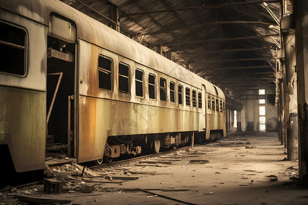 废墟中的车厢背景图片