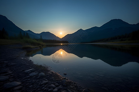 夏日晚霞下的湖光山色图片