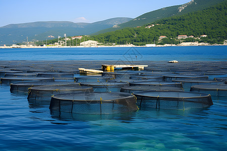 鱼插画大量鱼笼漂浮在水中背景