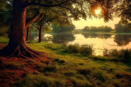 夕阳下的梦幻湖岸图片