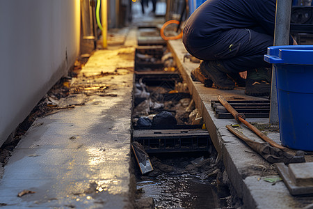 修理地下排水管道的工作人员图片
