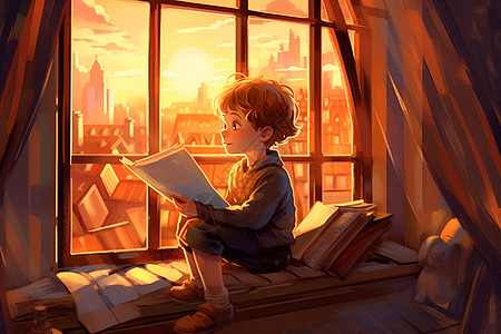窗边阅读的小孩背景图片