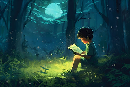 月光下阅读的儿童图片