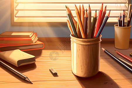 阳光照耀的书桌背景图片