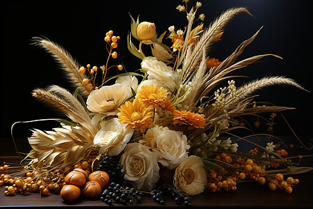 麦穗和鲜花装饰下的花束图片
