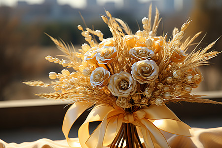 花朵与麦秆用丝带捆绑在一起图片