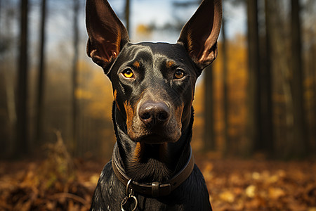 一只黑色狗表情憨厚的在森林中图片