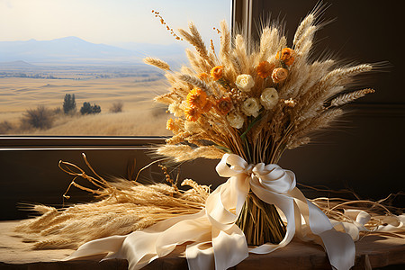 窗台边的一束金黄麦穗图片