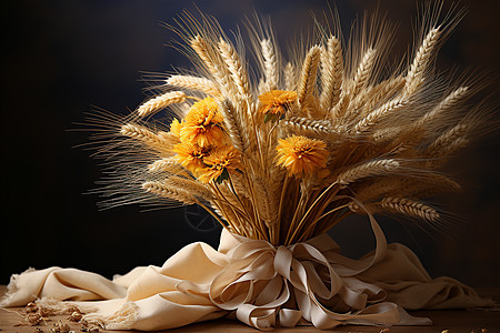 丝带捆绑的一束麦穗花卉图片