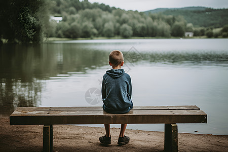 湖边寂静的少年高清图片