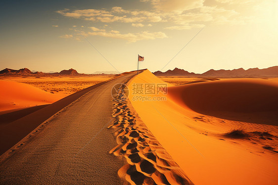 沙漠公路上的旗帜飘扬图片