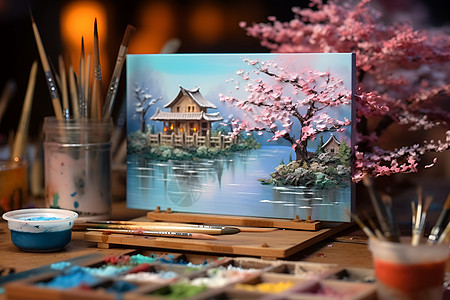 油画中的房屋湖泊背景图片