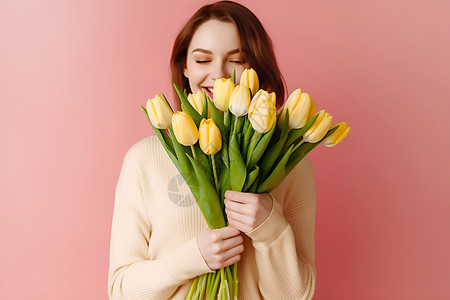 捧着郁金香花束的女士图片