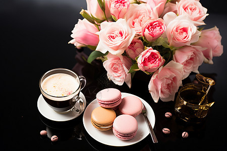 浪漫甜美的糕点和咖啡背景图片